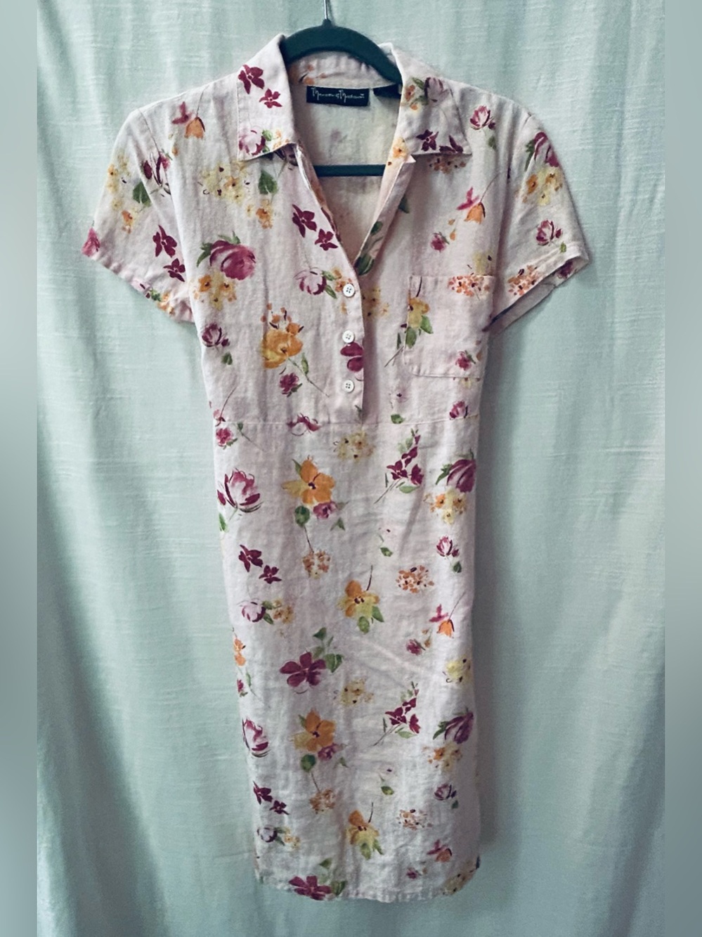 mercer & madison Pink Floral 100% Linen‎ Button-Front Shirt Dress